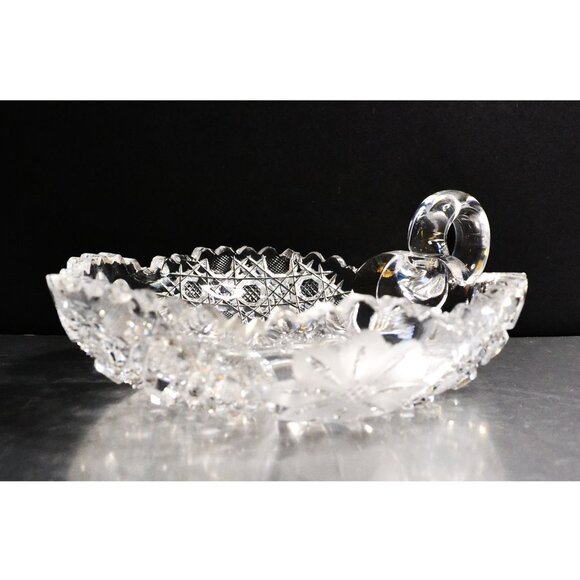 Vintage ABP Cut Glass Finger Nappy Hobstar Pattern Floral Motif Elegant Handle - Picture 3 of 4